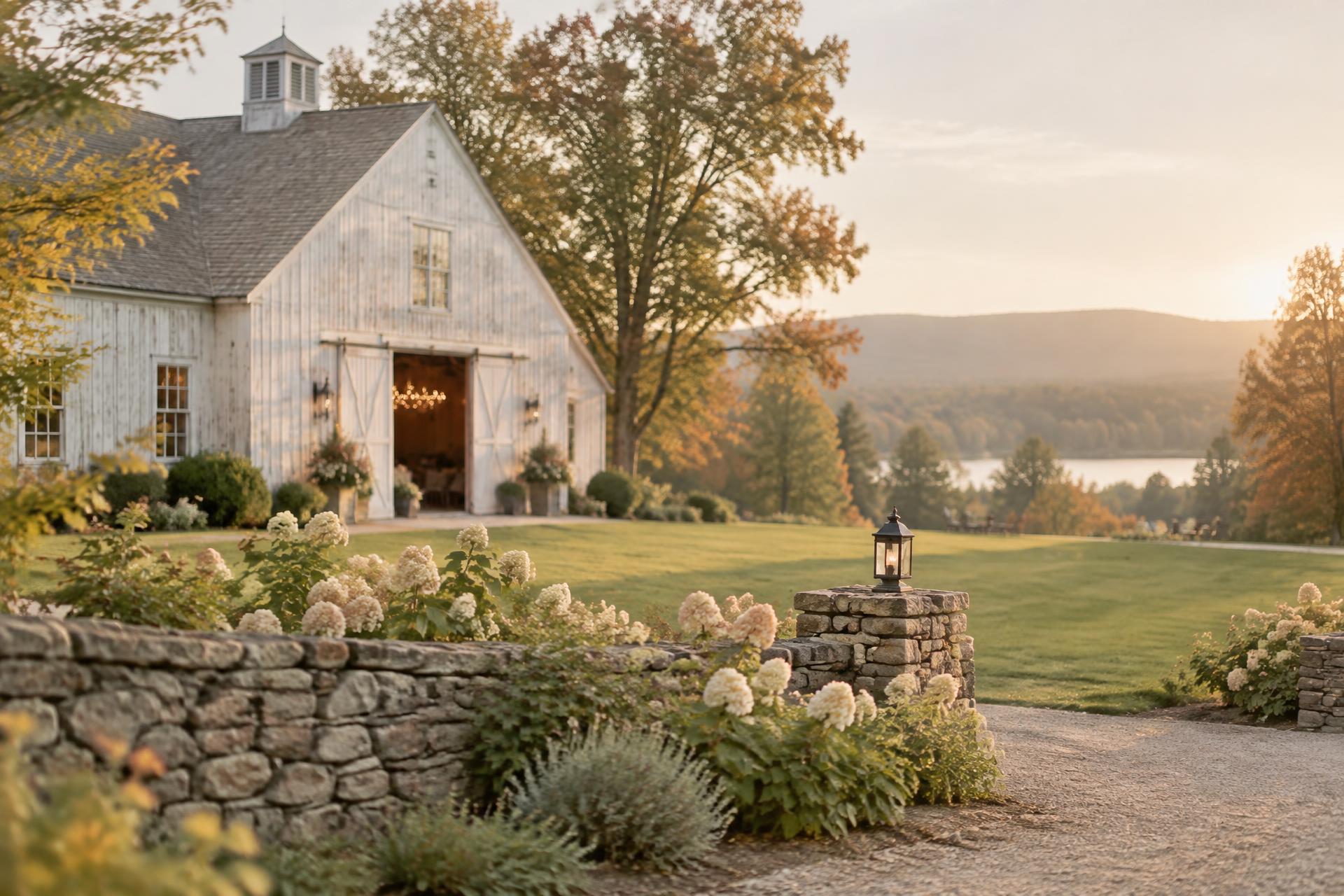 A white New England barn and stone wall beside an open estate lawn in soft golden-hour light